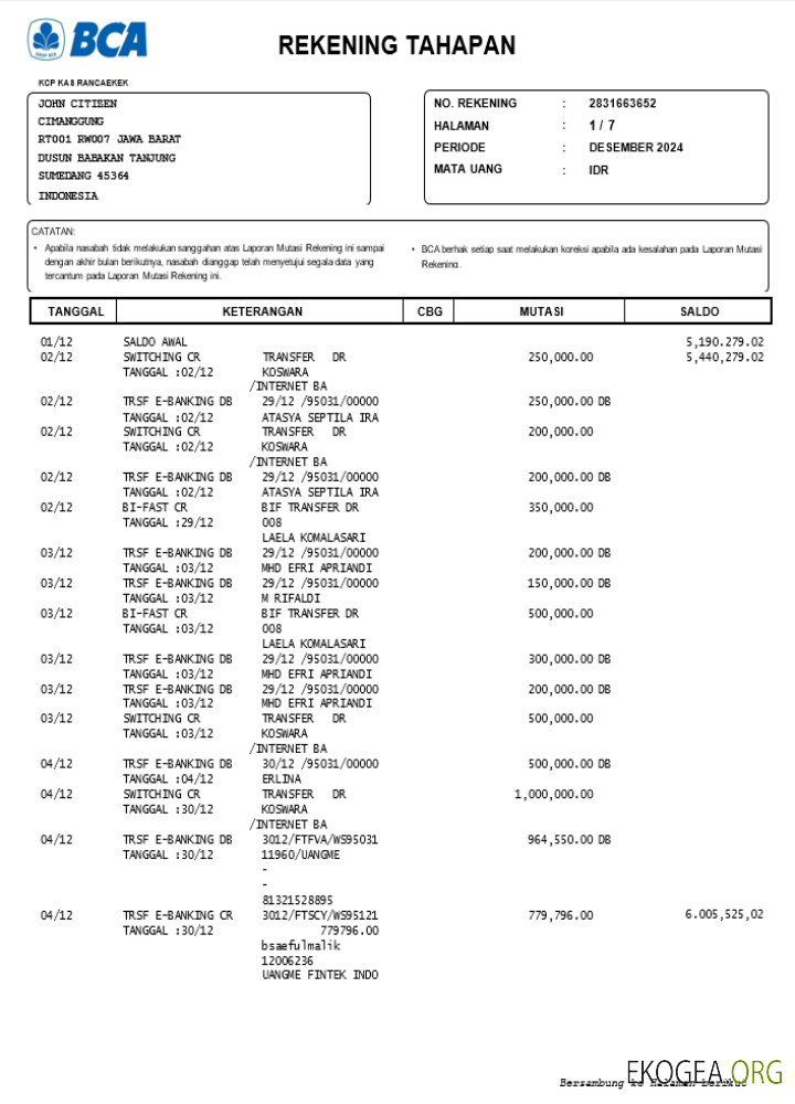 Modèle de relevé bancaire INDONÉSIE BCA, format Word et PDF, version 2